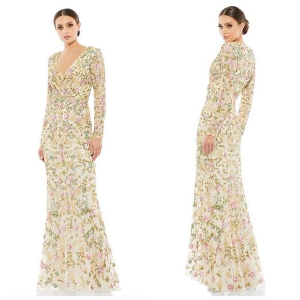 Mac Duggal Cream Floral Embroidered Long Sleeve Gown